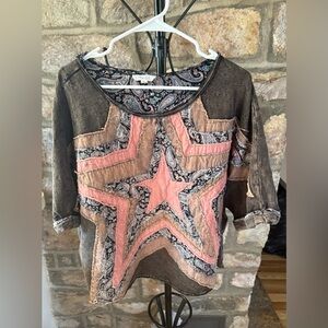 Oli & Hali XL Boho Star Patchwork Tunic Top Brown Pink Paisley Distressed